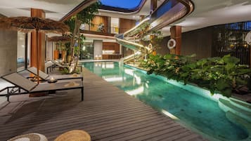 Outdoor pool, pool umbrellas, pool loungers