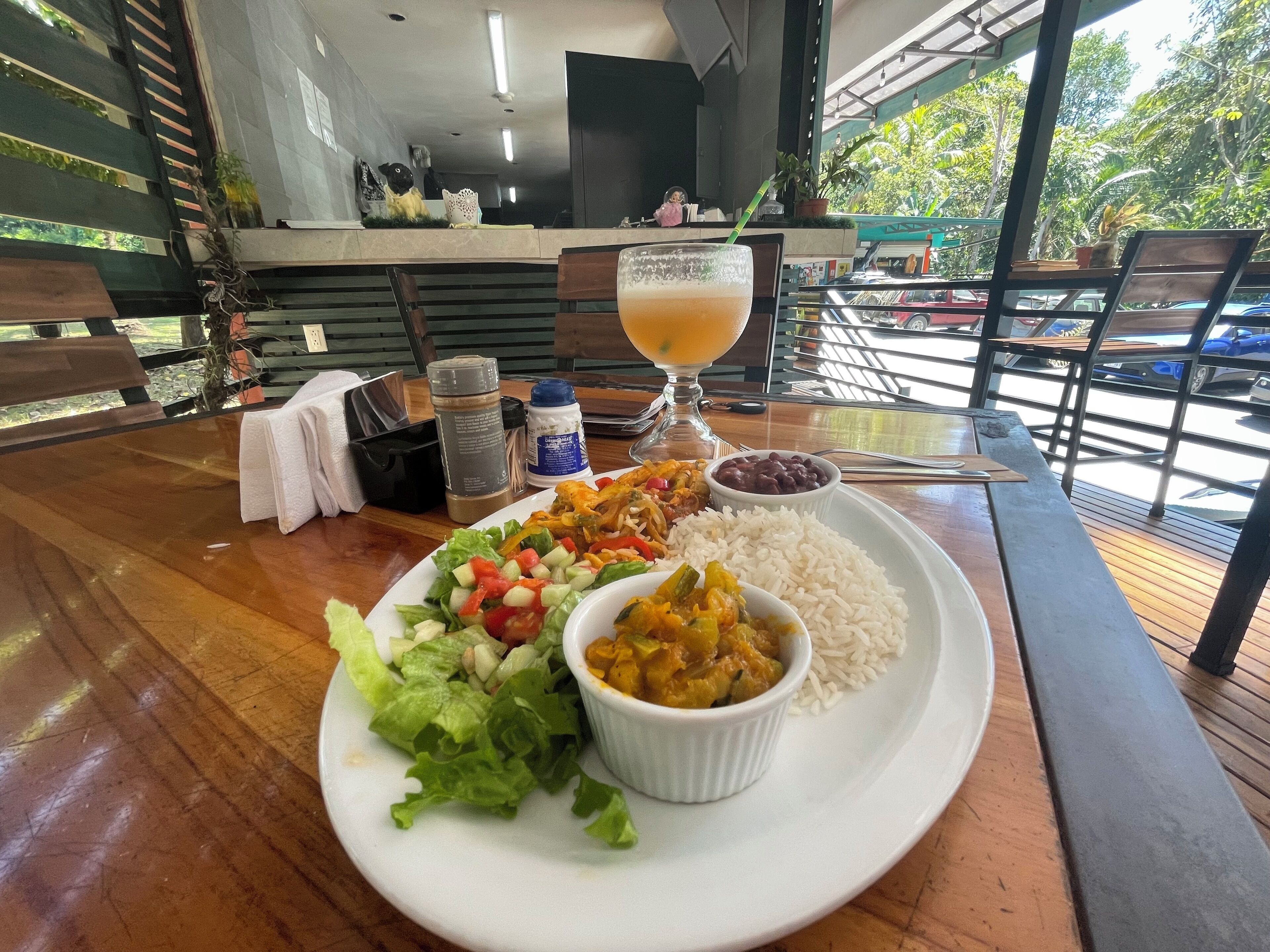 Comida con arroz, ensalada, frijoles y una bebida sobre una mesa de madera en un entorno exterior con vistas a árboles y un edificio al fondo.