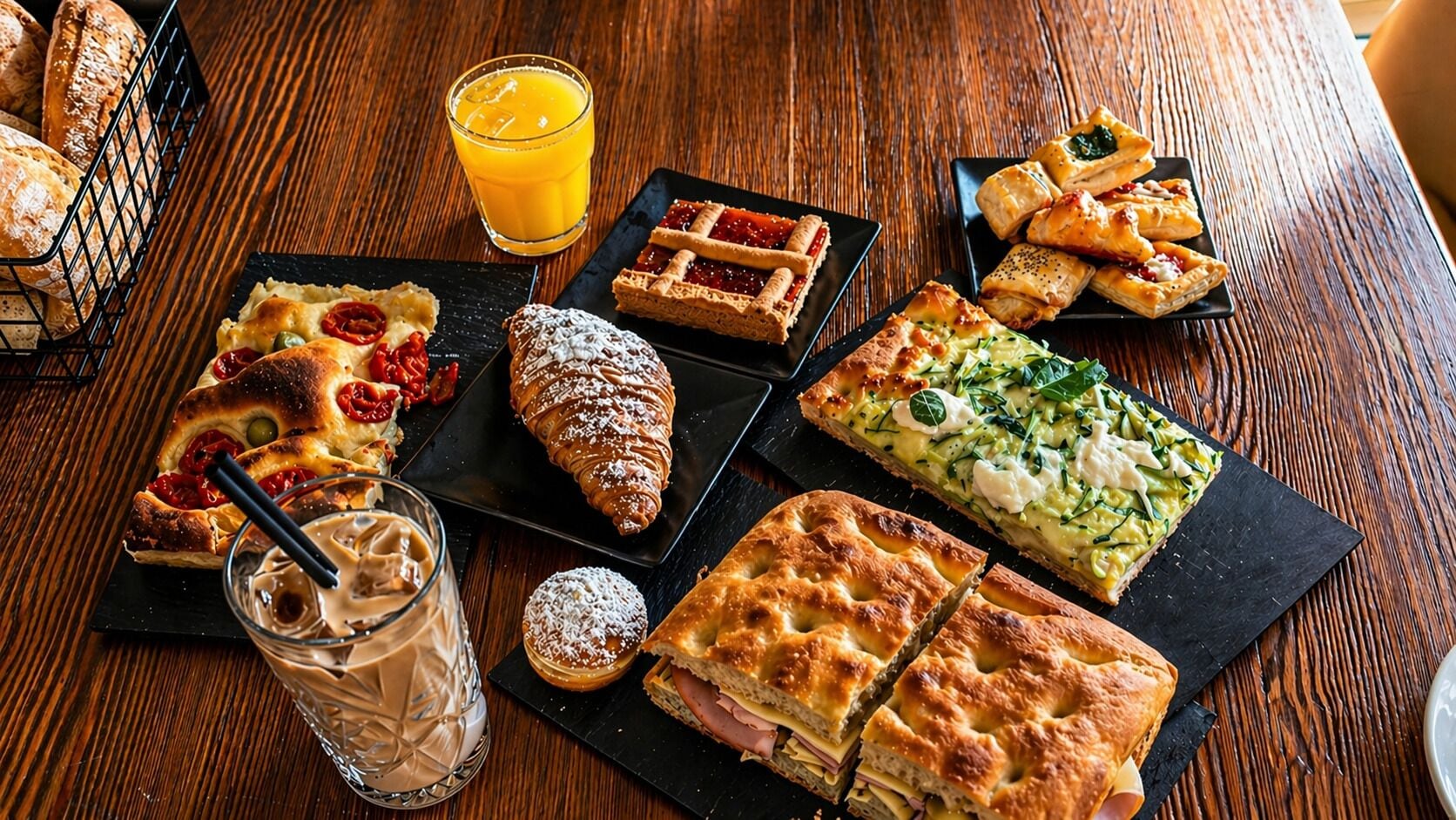A variety of pastries and a glass of orange juice on a wooden table.