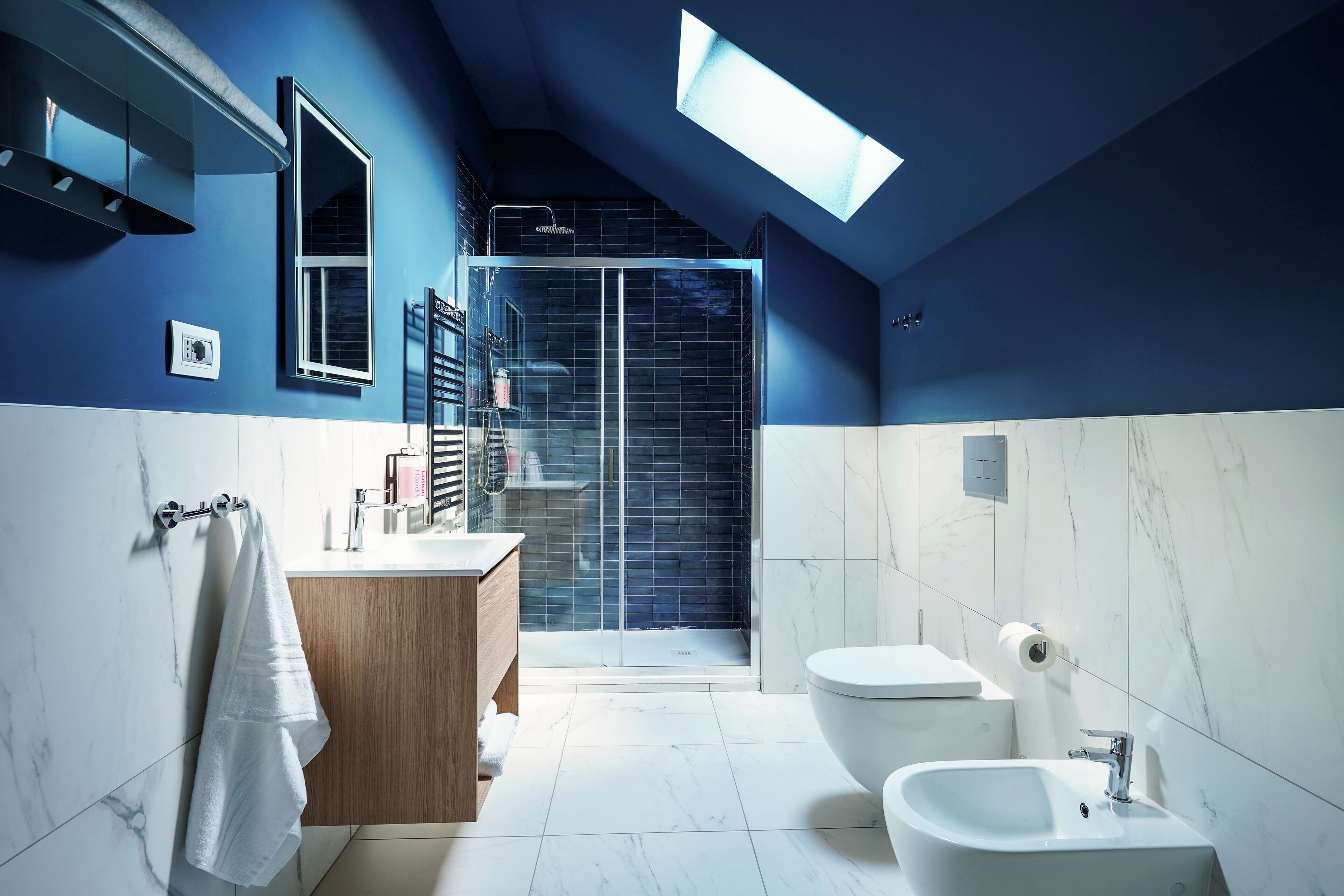 Dusche, umweltfreundliche Kosmetikartikel, Haartrockner, Bidet