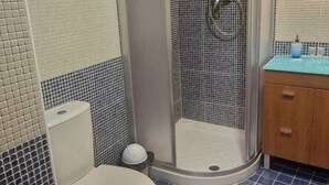 Une salle de bain avec douche, toilettes et lavabo.