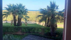 Blick aus einem Fenster auf einen gepflegten Garten mit Palmen und blauem Himmel.