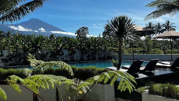 A pool area with lounge chairs, palm trees, and a mountain in the background.