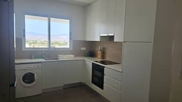 A modern kitchen with a built-in washer and dryer, a large window with a view, and a wooden backsplash.