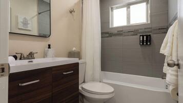 Shower, hair dryer, towels, shampoo