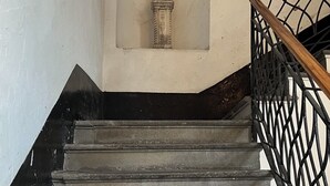A staircase with a statue in a niche, a wooden handrail, and a black metal railing.