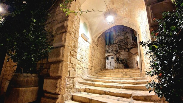 Un escalier en pierre menant à une porte en arc de cercle, entourée de verdure et éclairée par deux lampes.