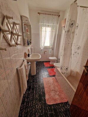 Een douche, een haardroger, een bidet, handdoeken