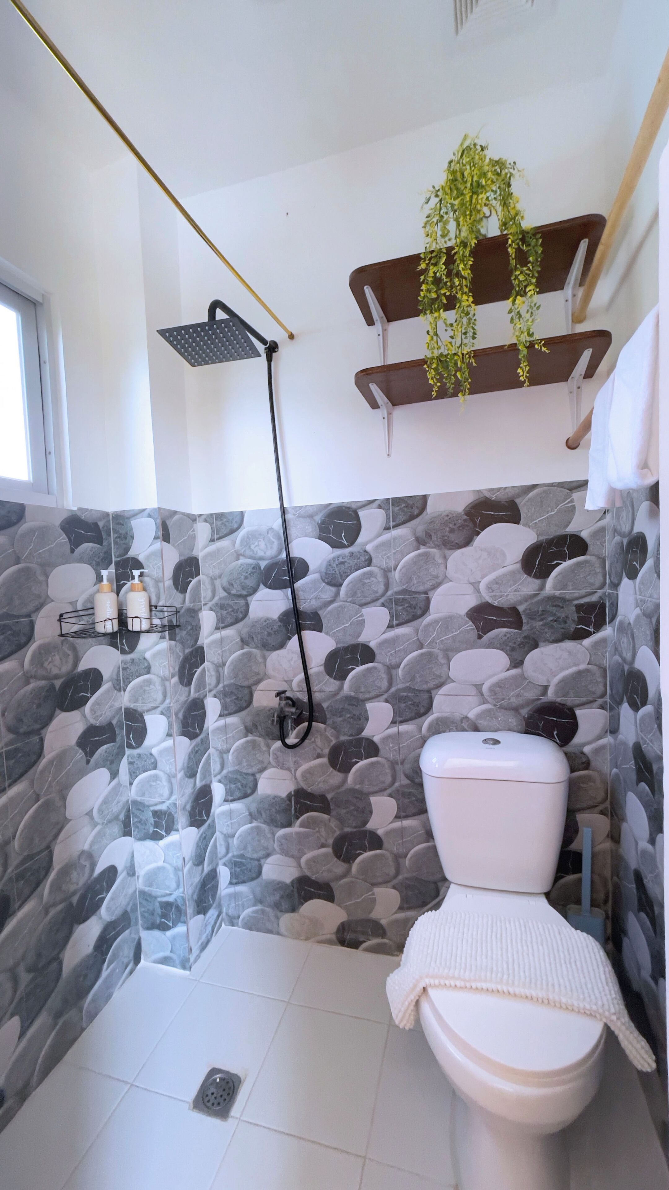 Un baño con pared de diseño de piedra, un inodoro blanco, una ducha con manguera negra y una planta colgante.