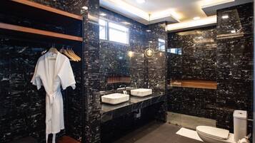 Hair dryer, towels, soap, toilet paper