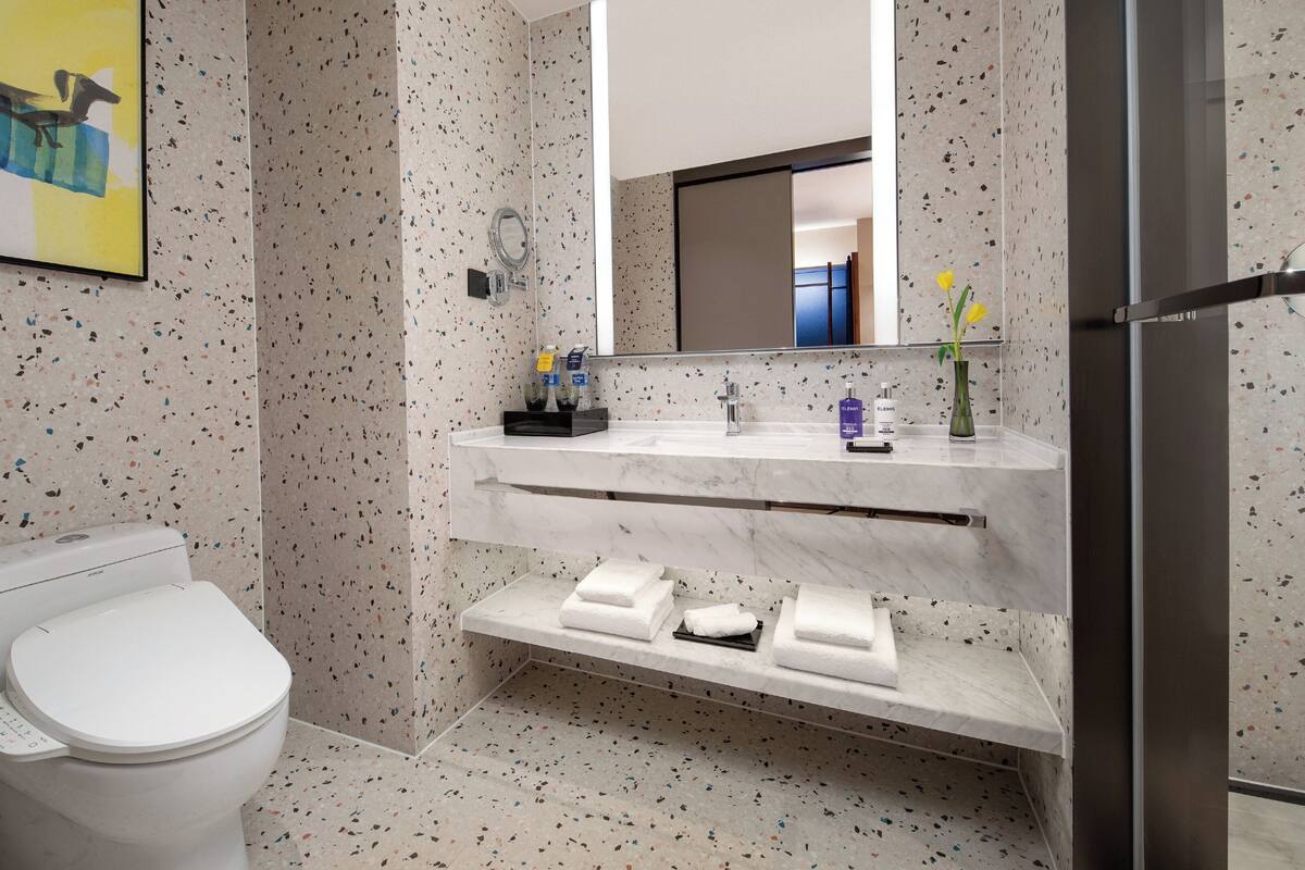 A modern bathroom with a toilet, a sink with a mirror, and a shower area.
