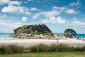 Un paisaje costero con una playa arenosa, afloramientos rocosos y vegetación densa.
