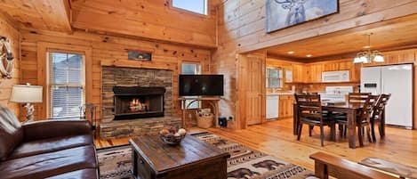 TV connectée, cheminée, livres