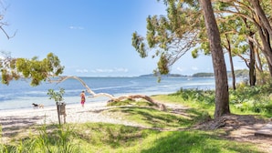 A beach with a clear view of the sea, a person standing on the sand, and a dog nearby.