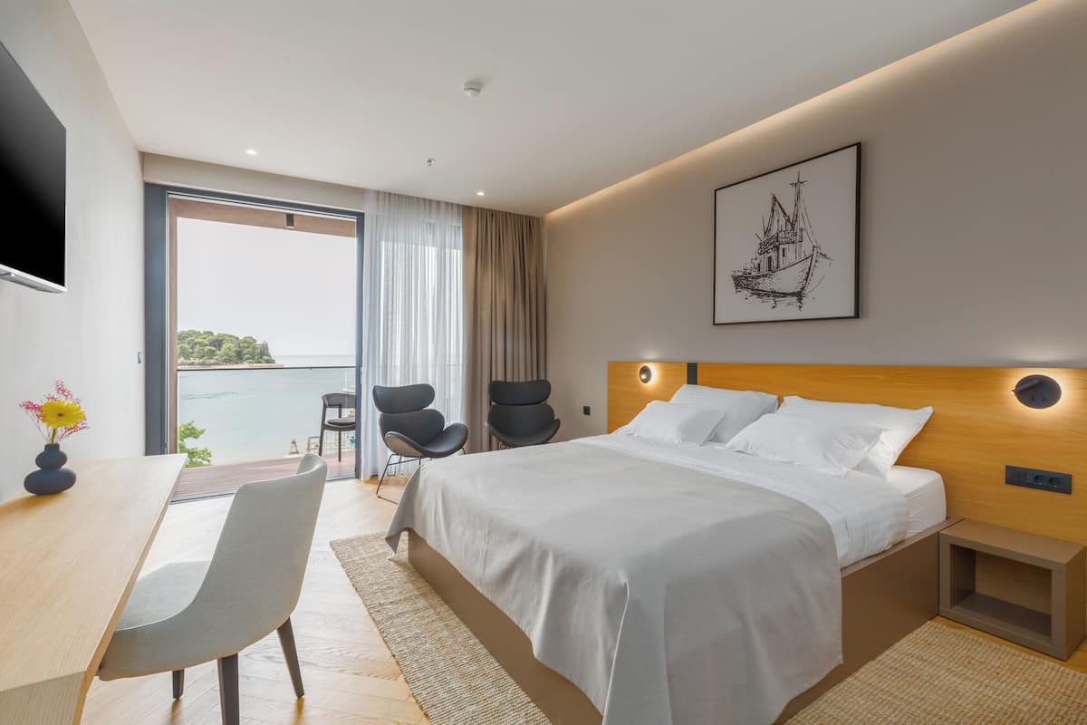 A modern hotel room with a large bed, a desk with a chair, a flat-screen TV, and a view of the sea through a large window.