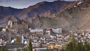 A mountainous town with a prominent fortress-like structure in the center, surrounded by residential buildings. - Hotel Ladakh Marvel Leh (Leh)