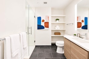 Shower, hair dryer, towels