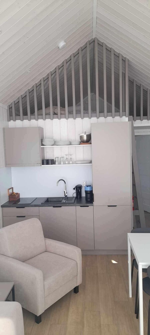 A modern kitchen with a built-in stove, sink, and upper cabinets. There is a dining area with a table and chairs, and a sofa. - Gökaskratts Camping (Hovmantorp)