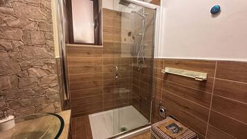 Hair dryer, towels, soap, shampoo