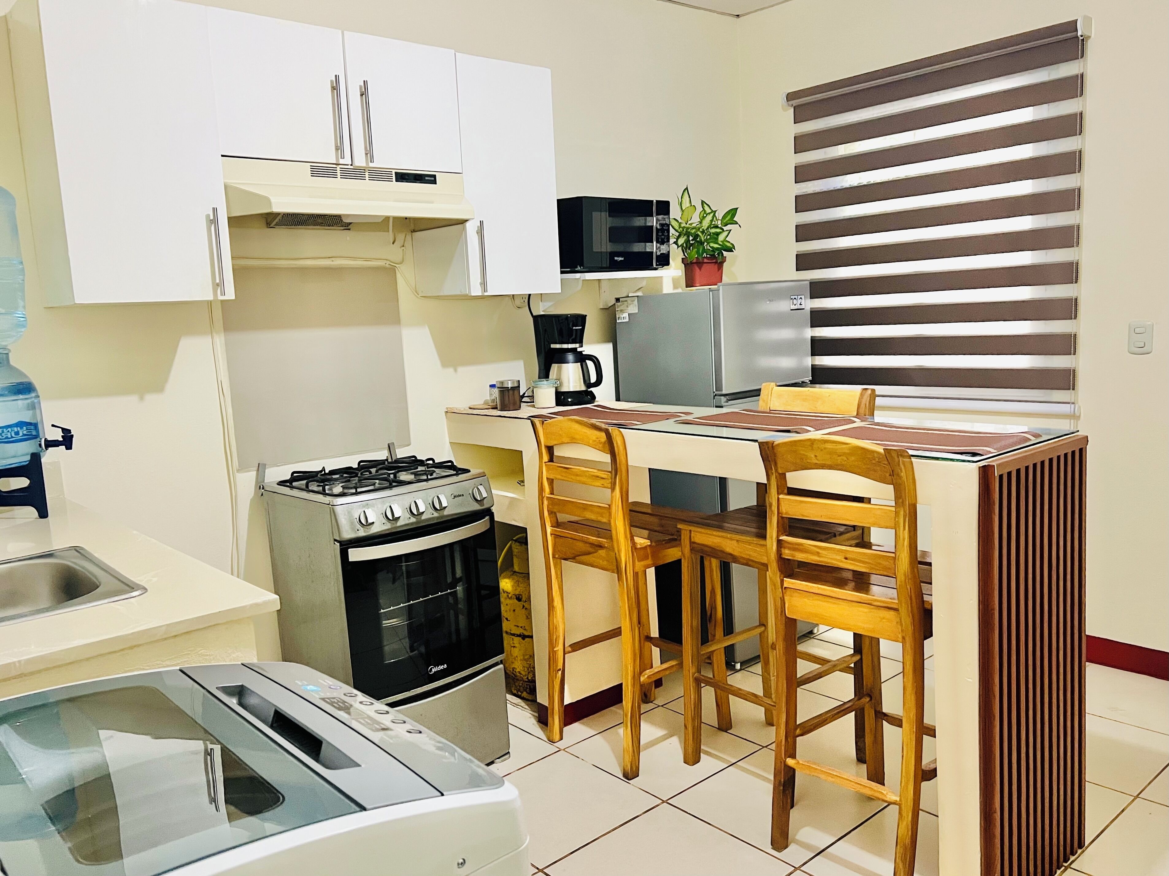 Fridge, microwave, oven, coffee/tea maker