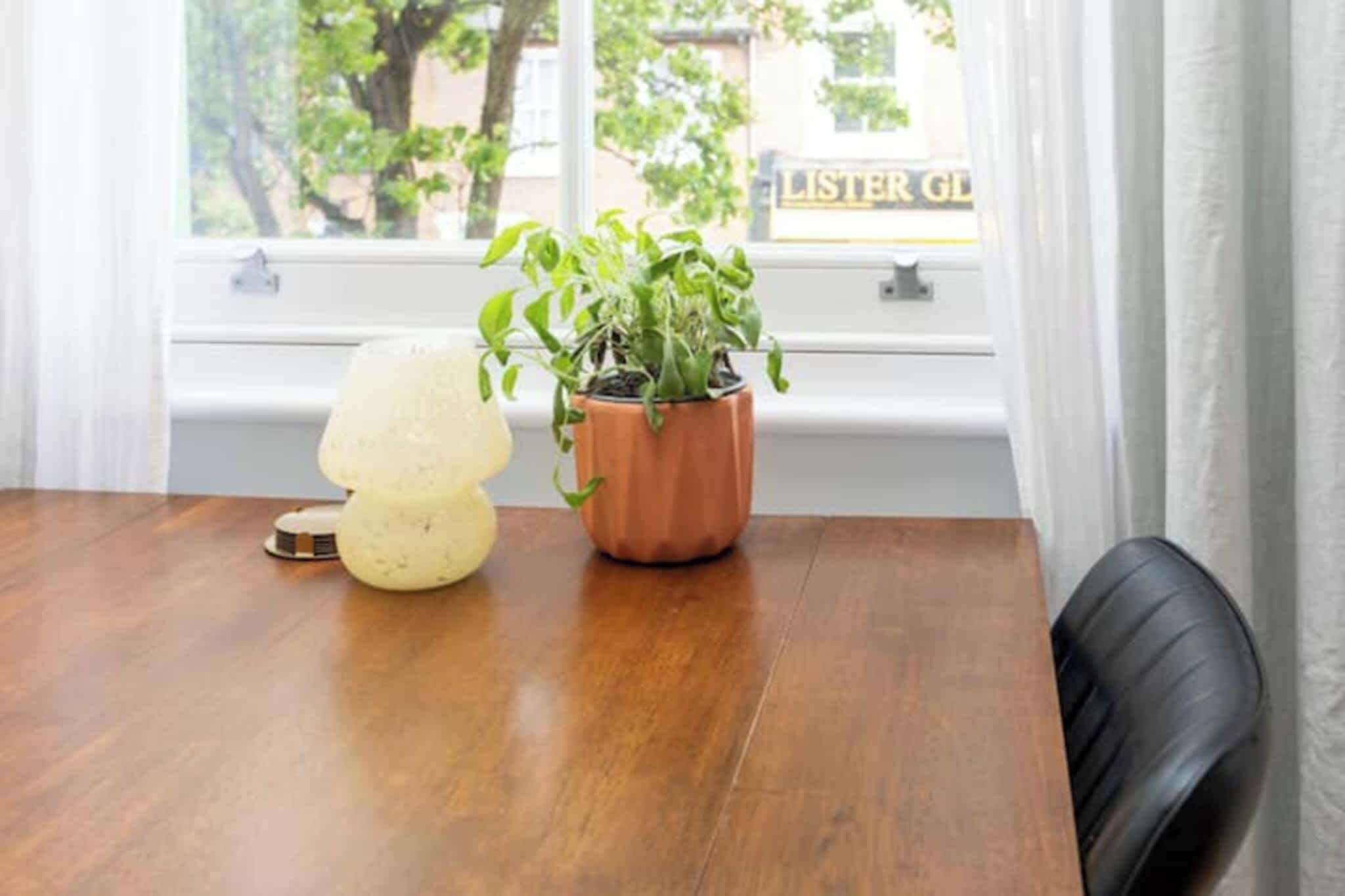 A wooden table with a potted plant and a decorative item.