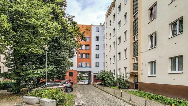 Een smalle stadstraat met meerhoog gebouwen, een keienpad, geparkeerde auto’s en groen.