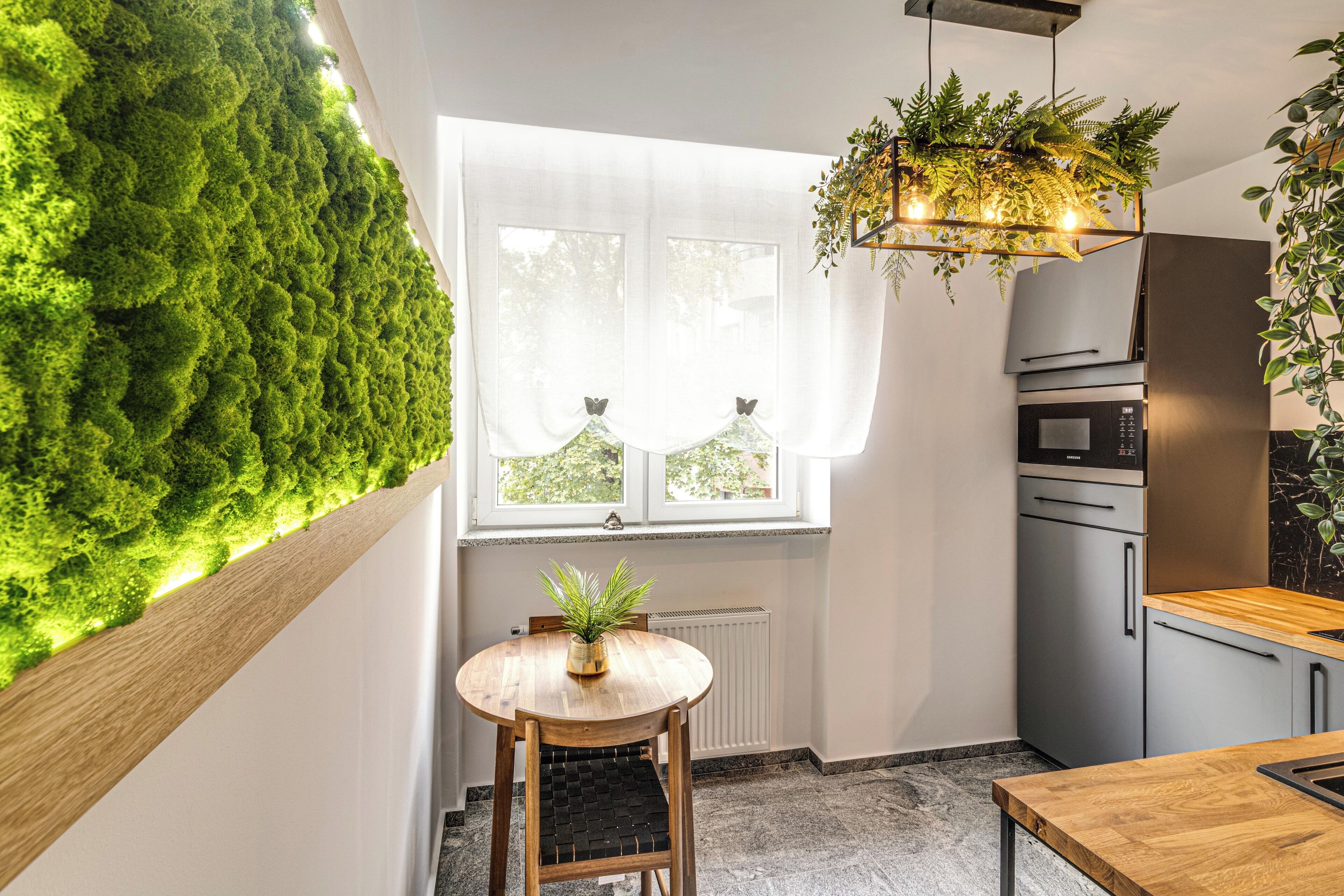 A modern kitchen with a green wall, a round wooden table, and a hanging plant.
