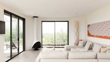 TV, fireplace, books, stereo