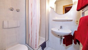 A bathroom with a shower, toilet, sink, and a mirror. - Cozy 1-room apartment with terrace and mountain view (Oberau)