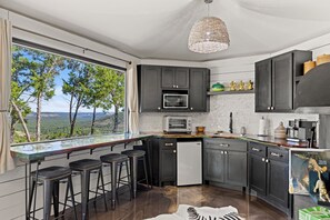 Microwave, coffee/tea maker, cookware/dishes/utensils, dining tables - Mystic Hills Ranch I Glamping, Views, Pool (Fischer)