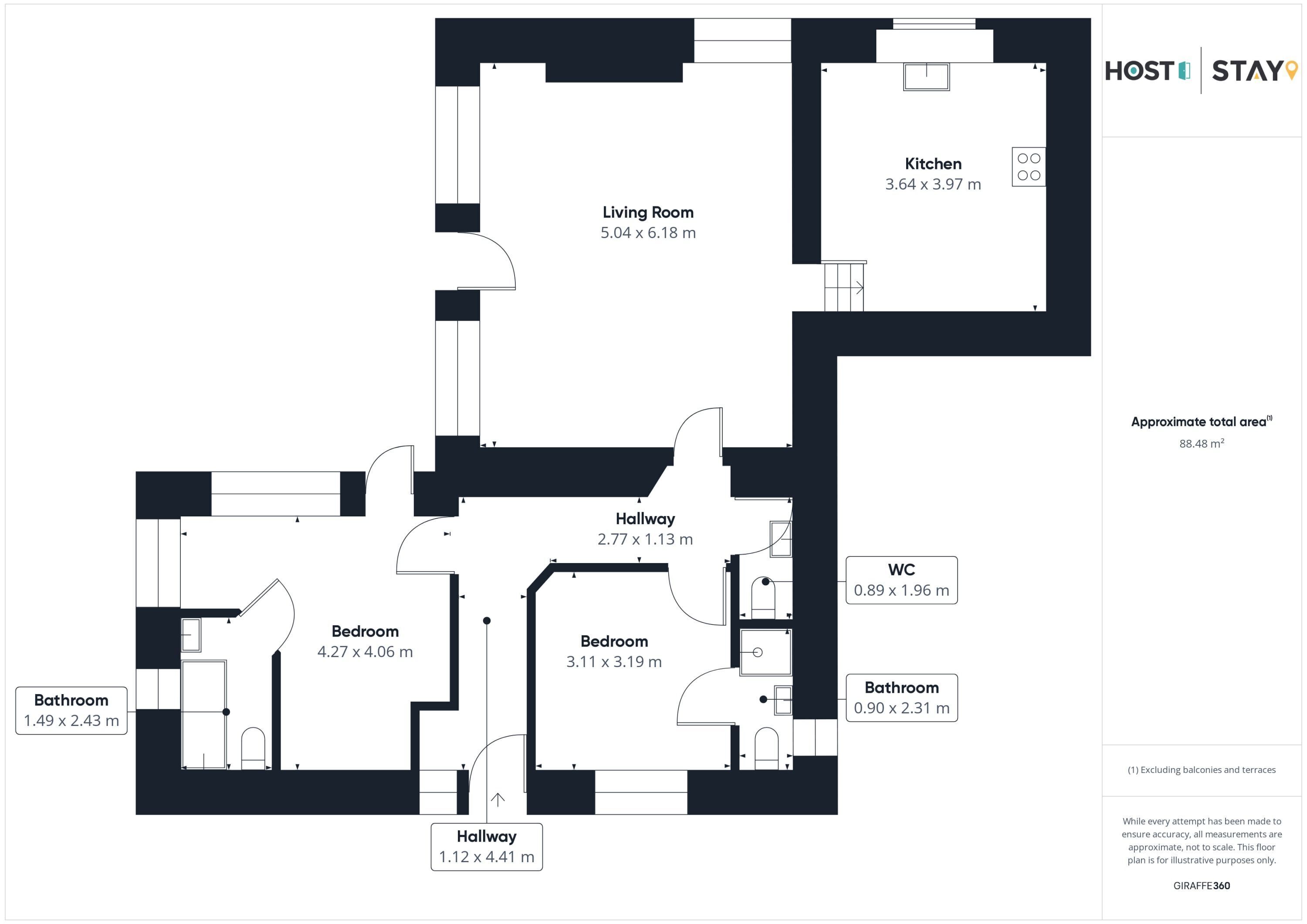 Plano de planta de un hotel con sala de estar, dos dormitorios, un baño, una cocina, un inodoro y un pasillo.
