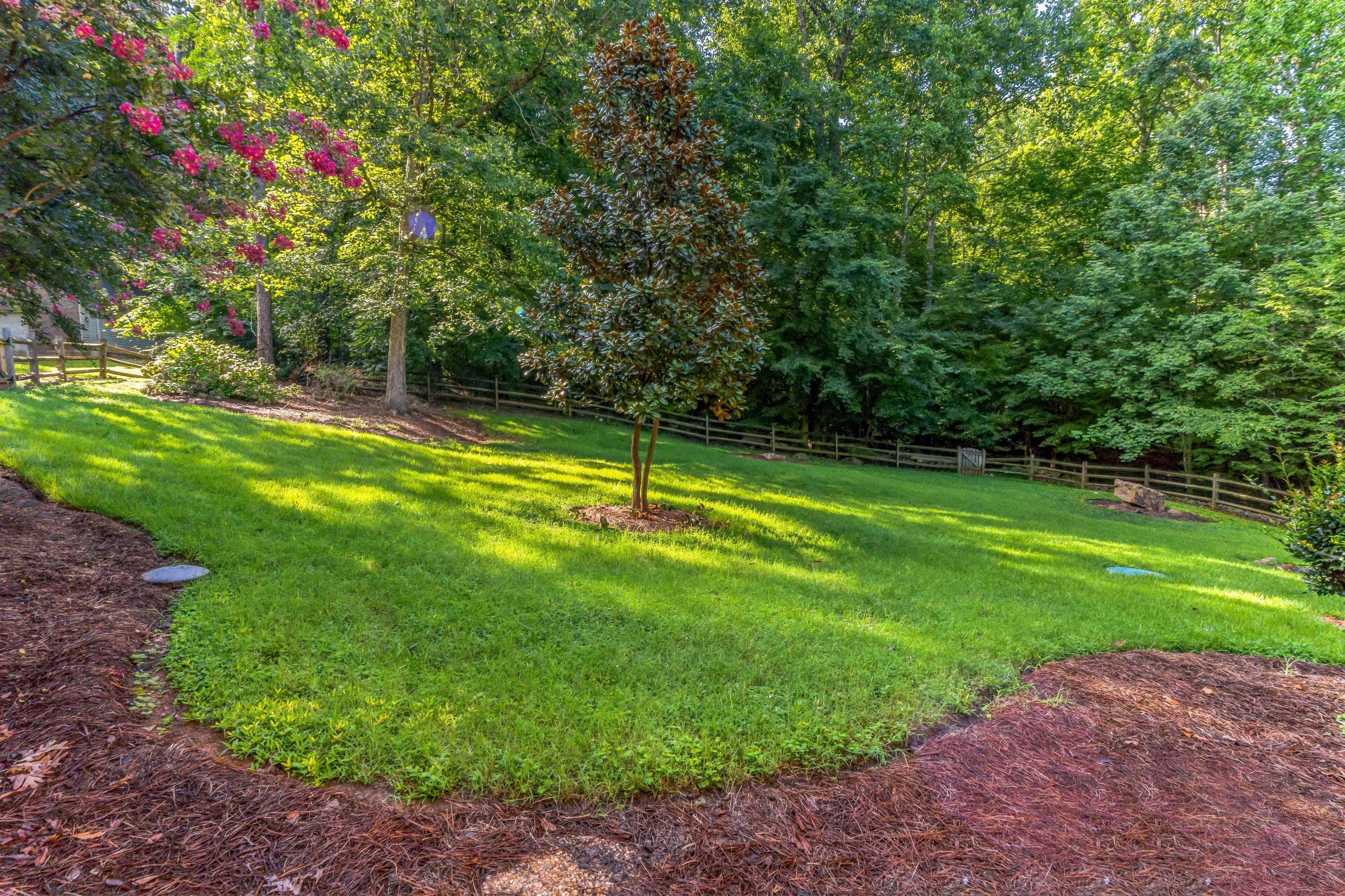 A well-maintained garden with a variety of trees, a neatly trimmed lawn, and a wooden fence.