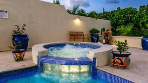 A hot tub with a waterfall feature, surrounded by potted plants and a chair. - Ocean View by Bluescape (Belair)