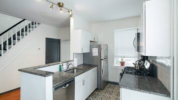 Fridge, microwave, oven, cookware/dishes/utensils