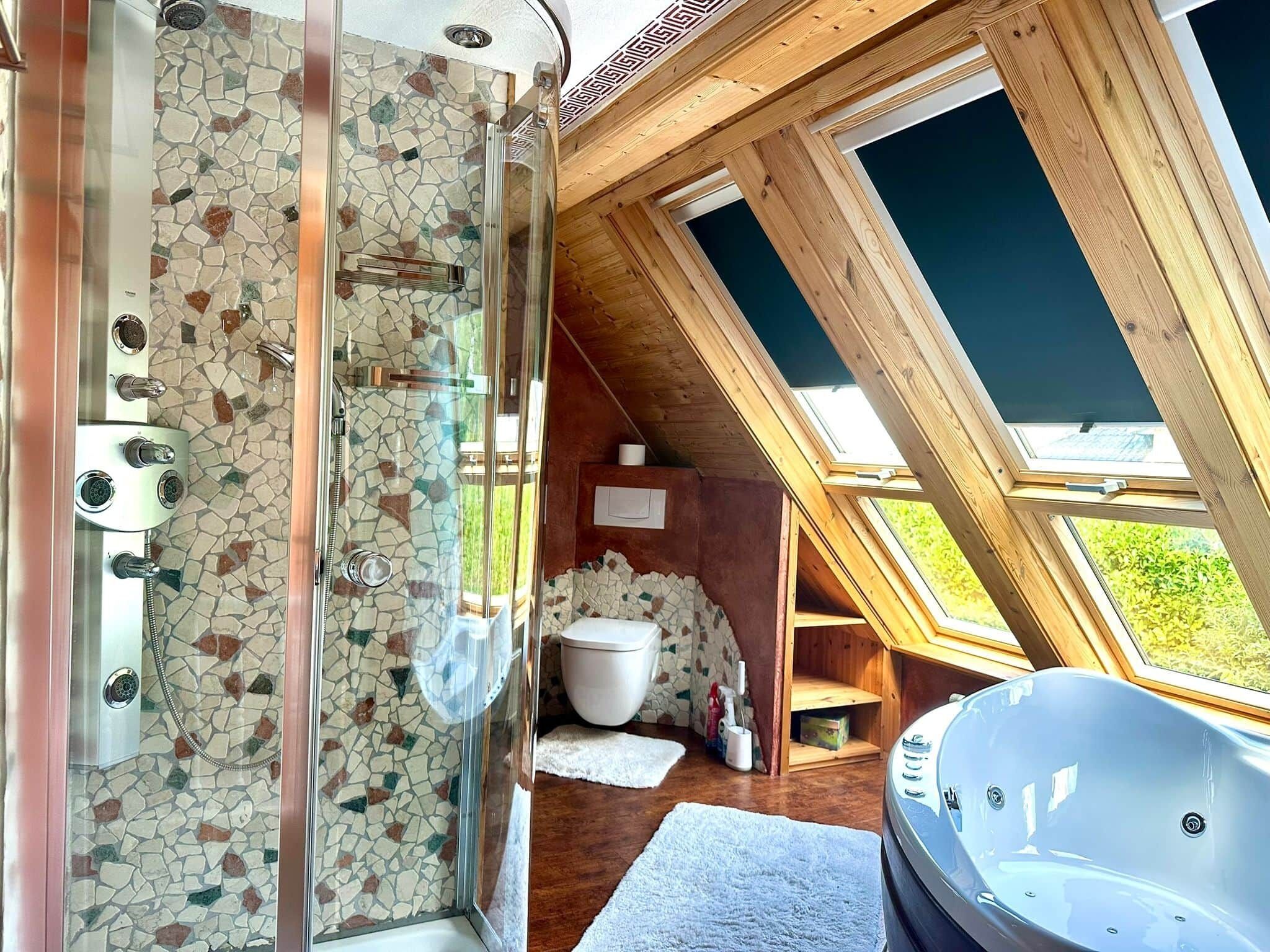 Shower, jetted tub, soap, shampoo