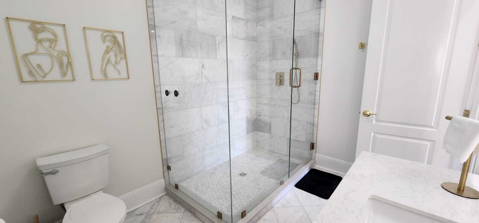 Een badkamer met een douchecabine van glas, een toilet en twee kunstwerken in lijsten aan de muur.