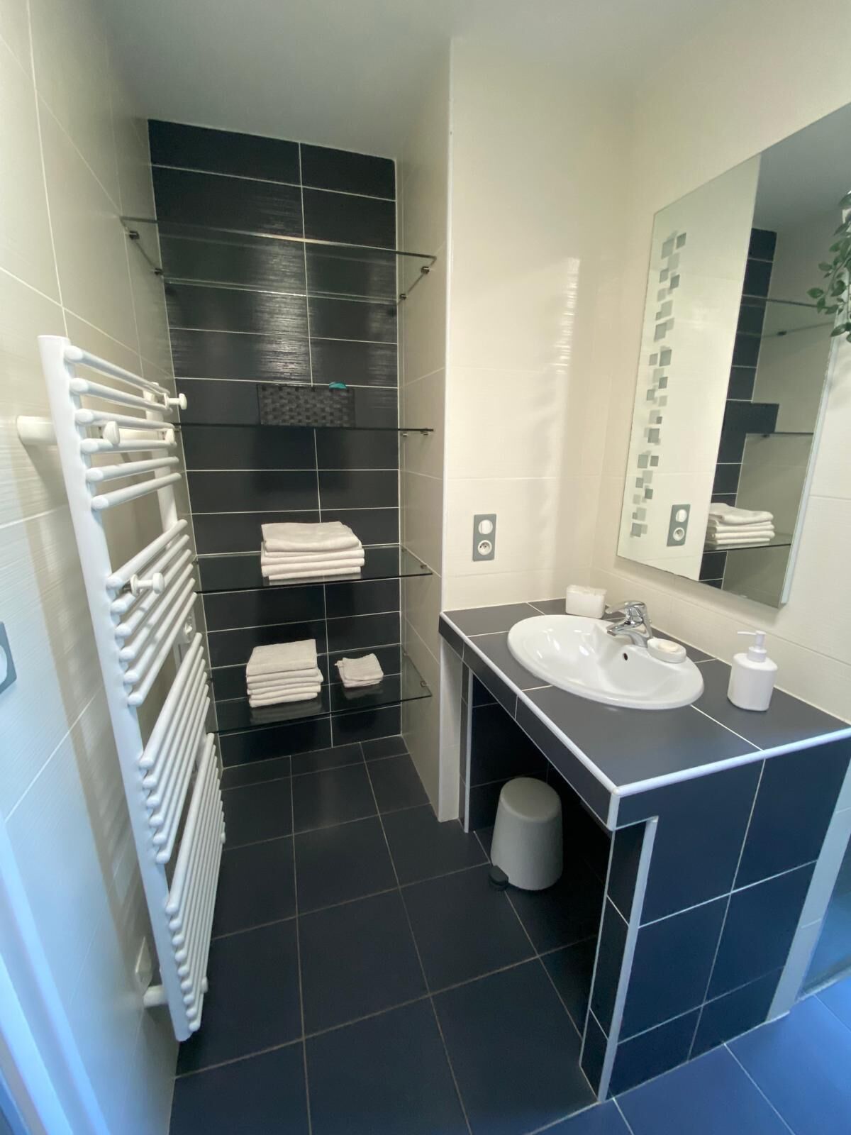 A modern bathroom with a black tiled shower, a white sink, and a large mirror.