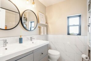 Hair dryer, towels, toilet paper
