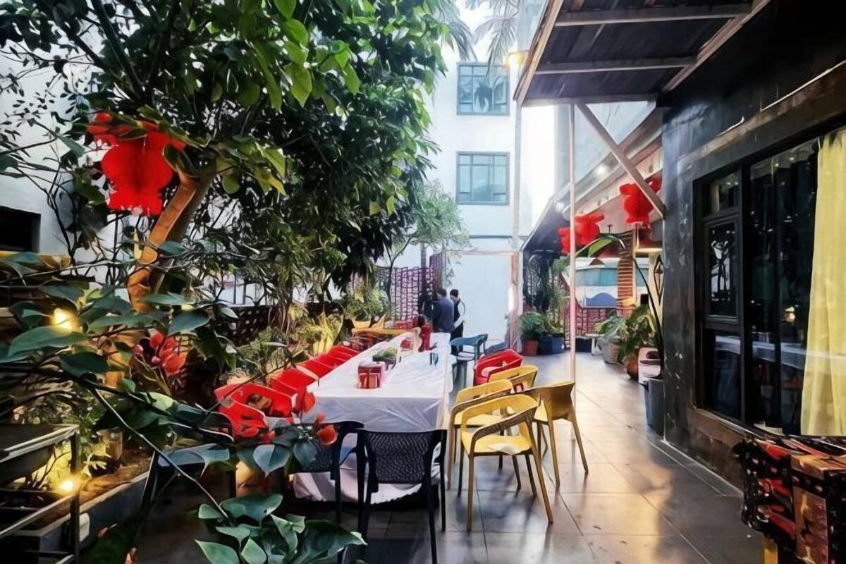 Un comedor interior con una mesa larga, sillas y plantas en macetas.