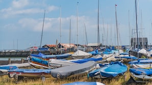 Een jachthaven met talloze boten afgemeerd, waarvan sommige afgedekt zijn met zeilen, en een paar gebouwen op de achtergrond.