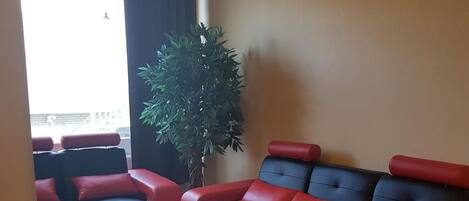 A modern living room with red and black sofas, a round coffee table, and a large potted plant.