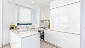 Deluxe Apartment | Private kitchen | Full-size fridge, microwave, oven, dishwasher