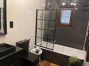 Regadera, secadora de cabello, bidet, toallas 