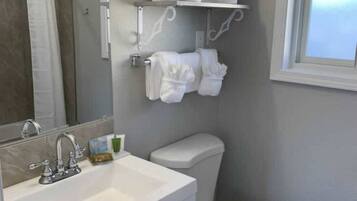 Shower, hair dryer, towels, soap