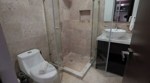 Ducha, secador de pelo, toallas y jabón