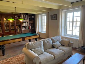 TV, fireplace, books