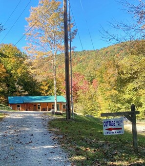 Ein Kiesweg führt zu einer rustikalen Holzhütte mit einem grünen Dach, umgeben von Herbstlaub und einem Schild, das ein Ferienhaus am Hang ankündigt.