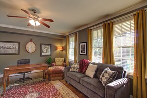 Smart TV, fireplace, books