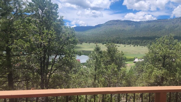 A mountainous landscape with a clear sky, dense forest, and a small building in the distance. - Charming country house with WiFi in Nutrioso (Nutrioso)