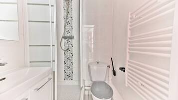 Hair dryer, towels, shampoo, toilet paper